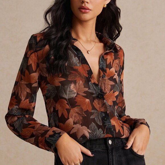 Multicolor Casual Women's Leaf Print Button Front Long Sleeve Shirt - Picture 5 of 6
